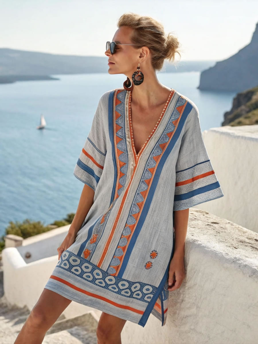 Ladies' V-neck Printed Casual Loose Fit Dress