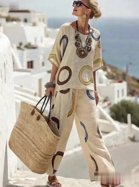 Women'S Loose Printed Wide Leg Pants Set