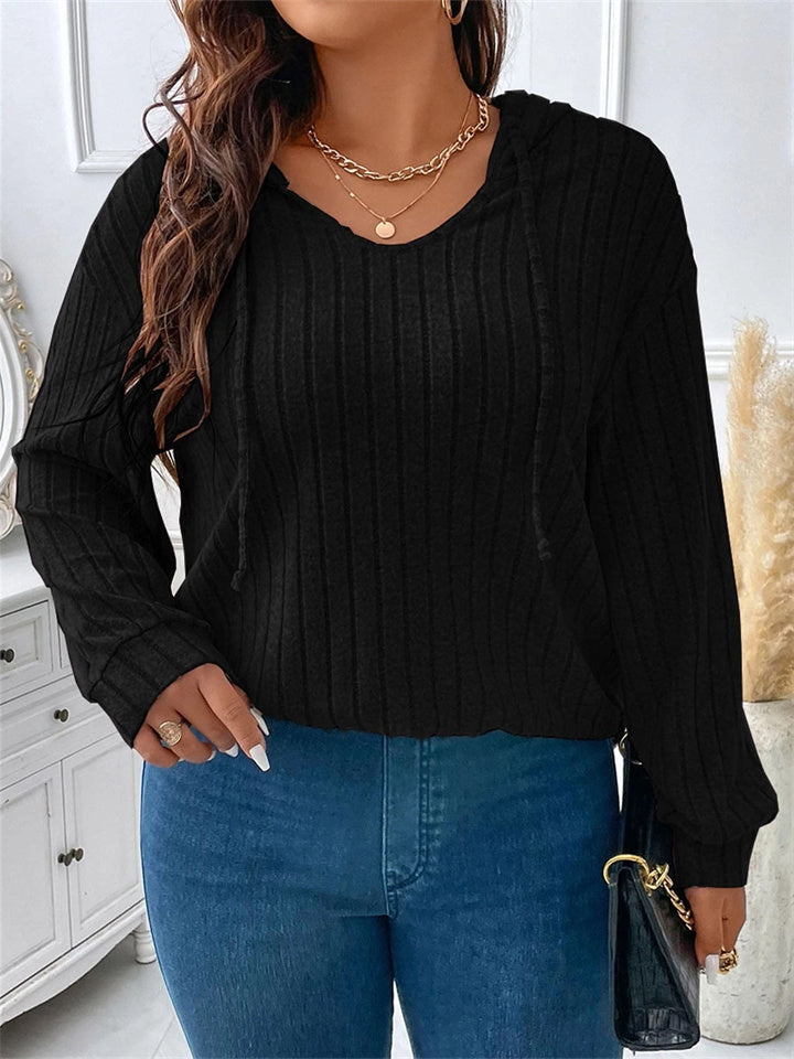 Autumn and Winter New Solid Color Women's Tops V-neck Hooded Long-sleeved T-shirt