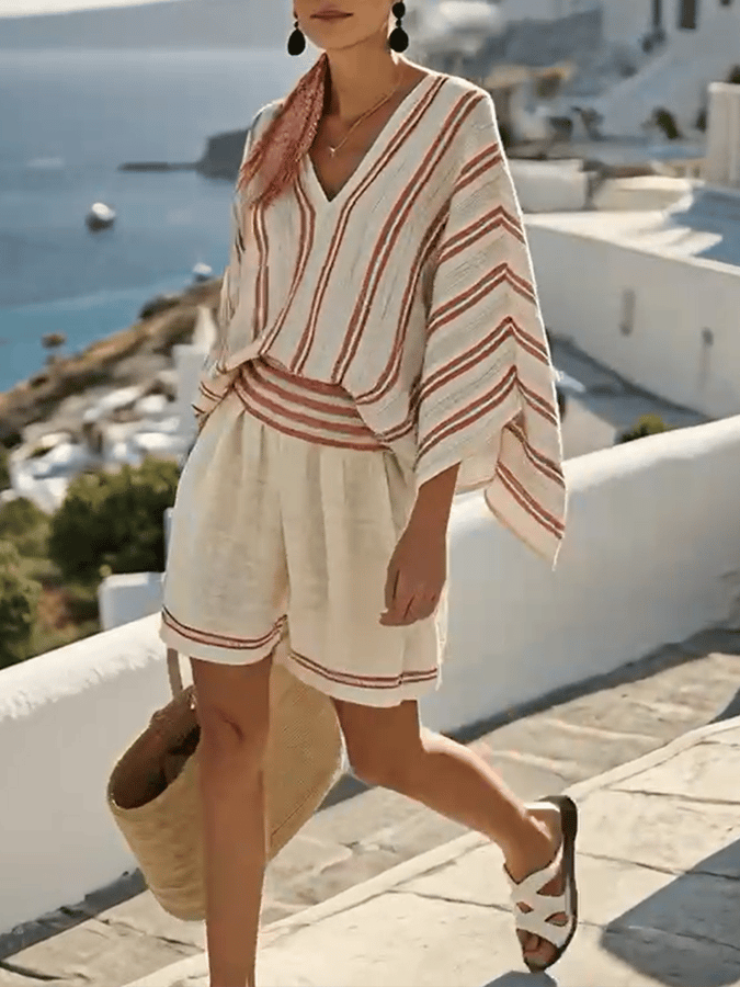 Women Summer Loose Striped Holiday Shorts Set