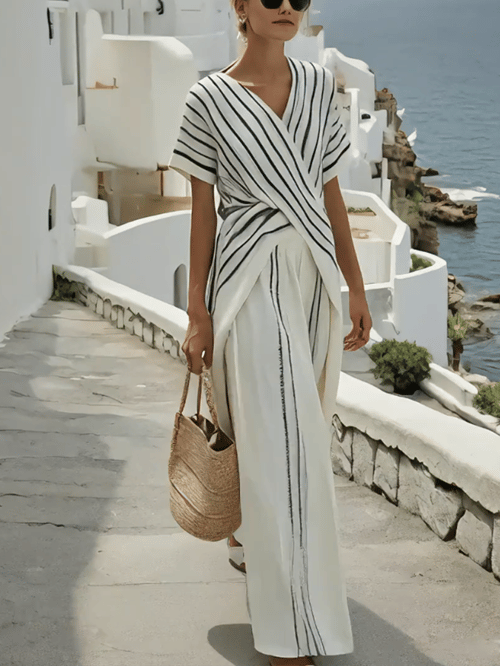 Women Summer Loose Striped Resort Pants Set