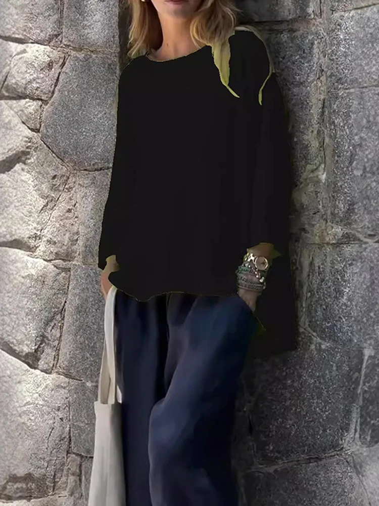 Usphonecards - Women Solid Color Cotton And Linen Long Sleeve Shirt