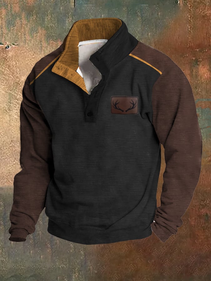 Men's Fleece Vintage Western Antler Hunting Enthusiast Stand Collar Sweatshirt