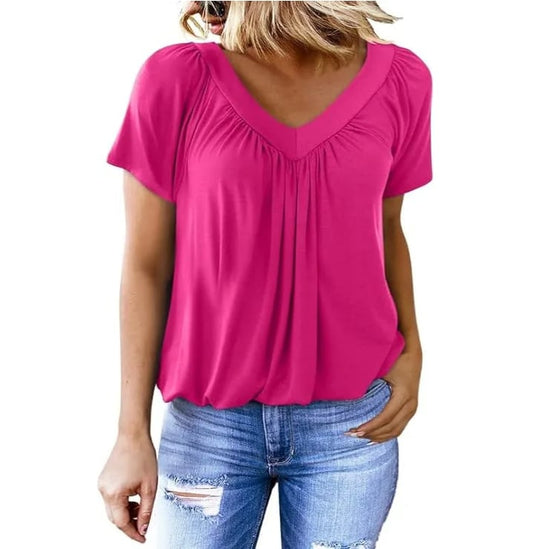 Casual Women's Top with Pleated V-Neck and Short Sleeves