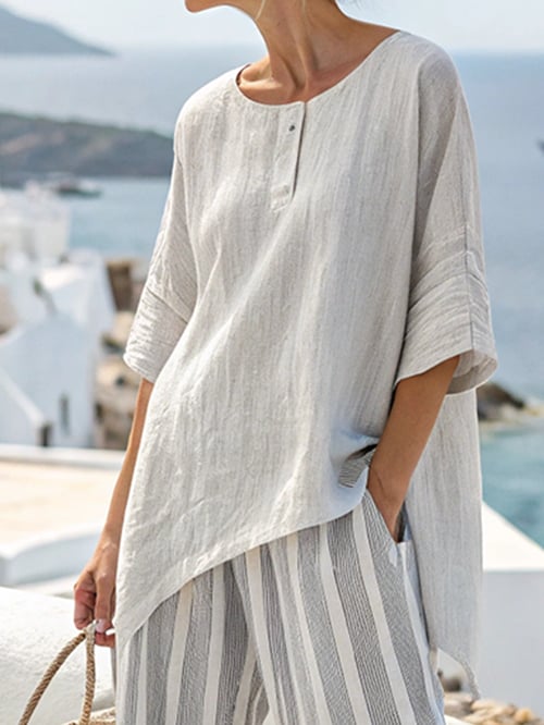 Women Summer Loose Striped Casual Elastic Waist Pants Set