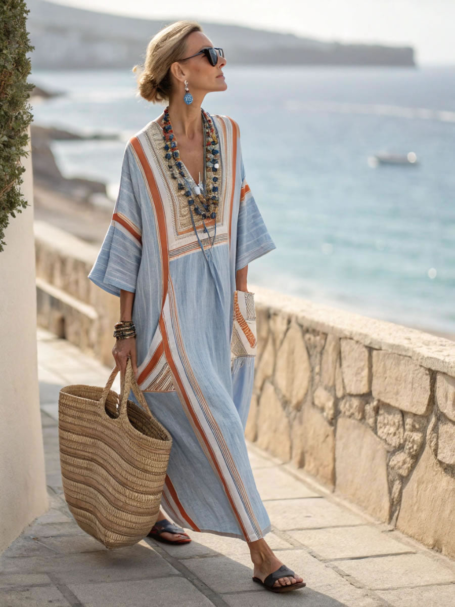 Women's V-neck Striped Loose Casual Dress