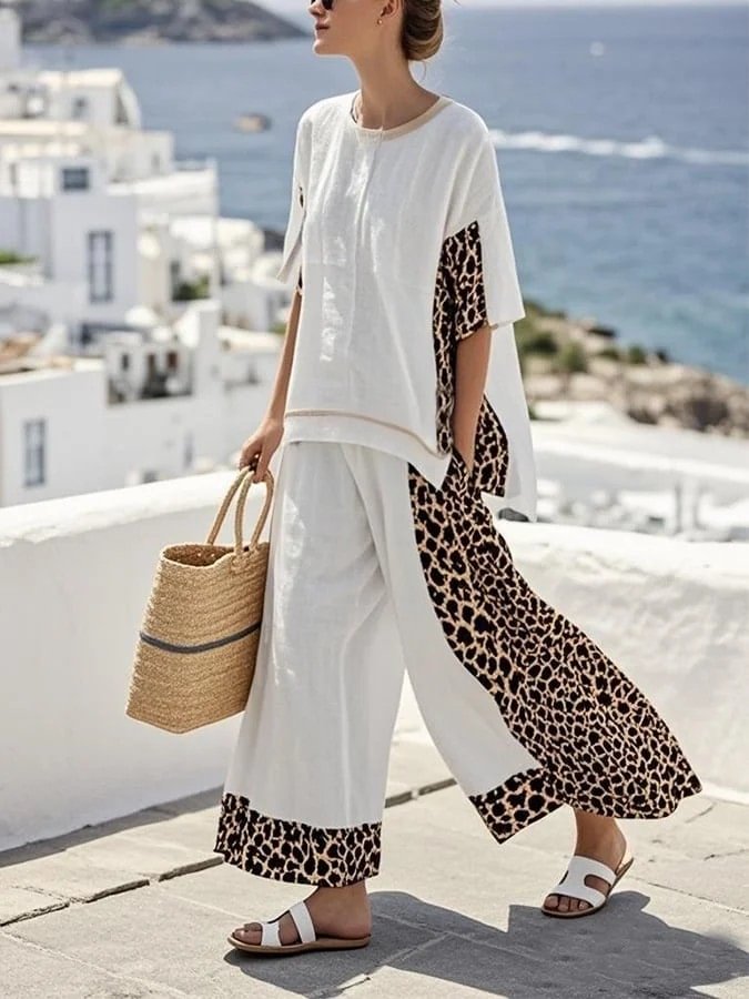 Ladies' Round Neck Leopard Print Loose Casual Suit