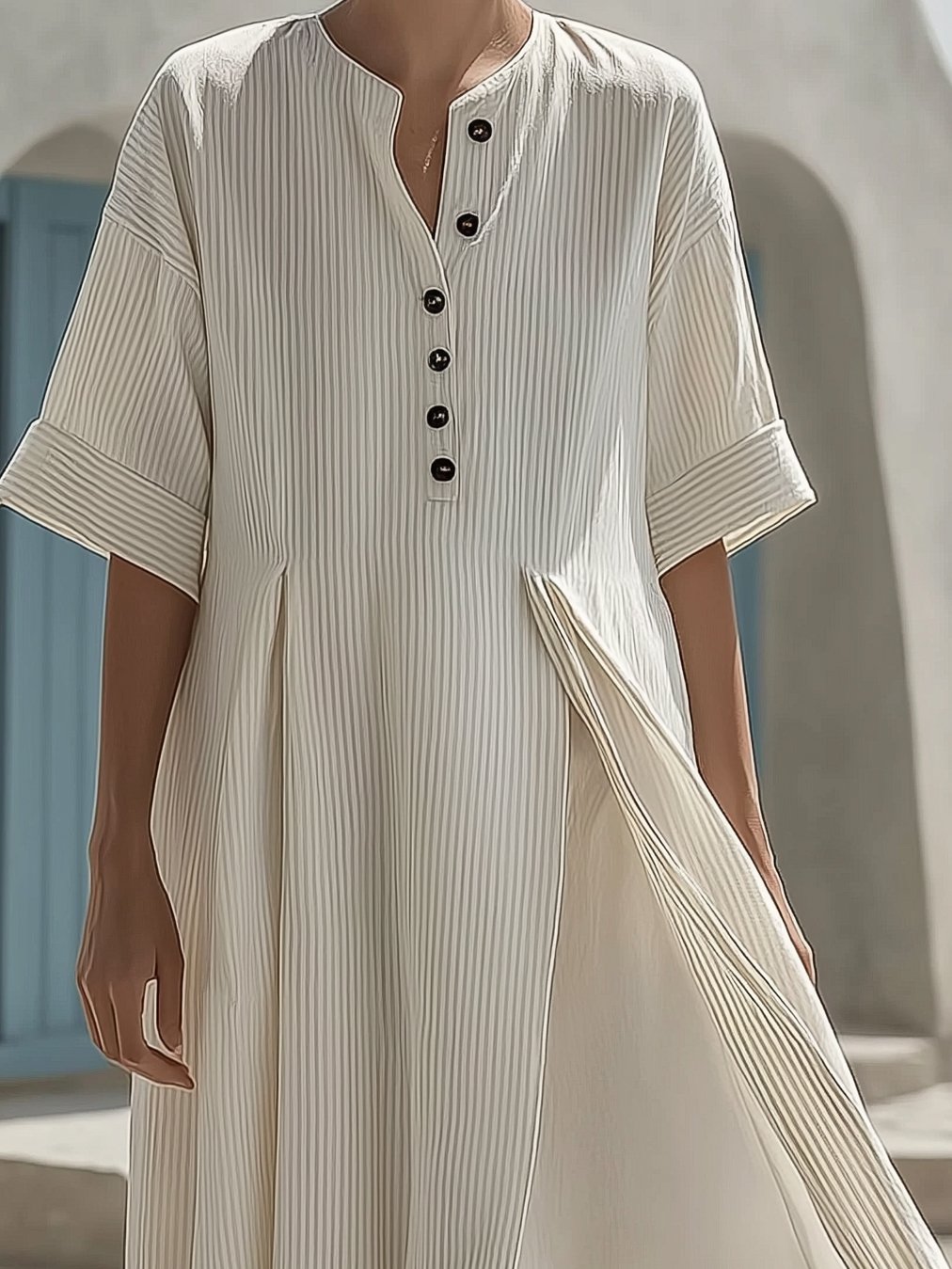 Women's Summer Round Neck Striped Pleated Dress