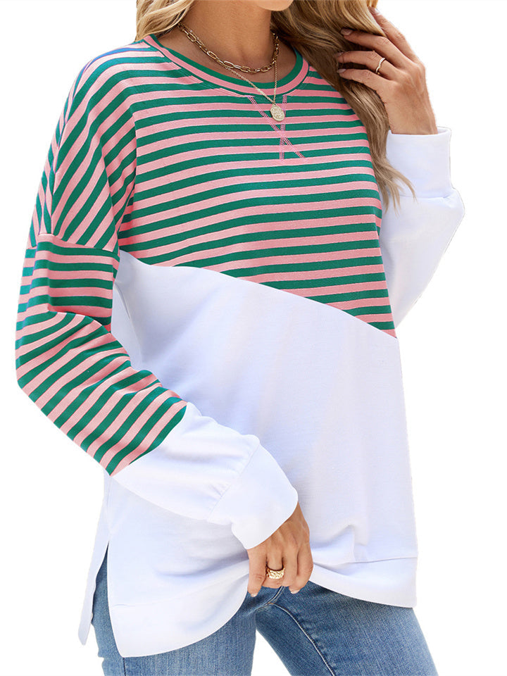 Women's New Fall and Winter Solid Color Round Neck Hit Color Striped Long-sleeved Sweater T-shirt