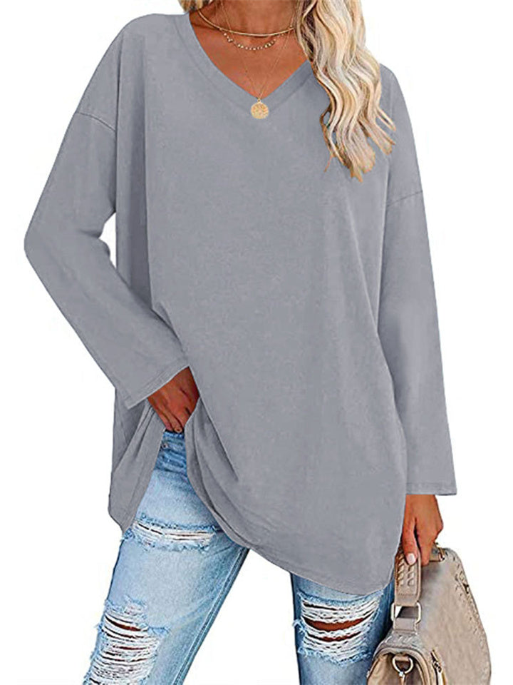 Ladies T-shirt New Multi-color Loose Drop Shoulder Sleeve V-neck Solid Color Women's Tops