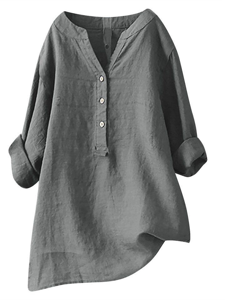 Summer Women's Cotton Linen Loose Solid Color Blouse Cotton Linen Long Sleeve Tops Pocket S-5XL