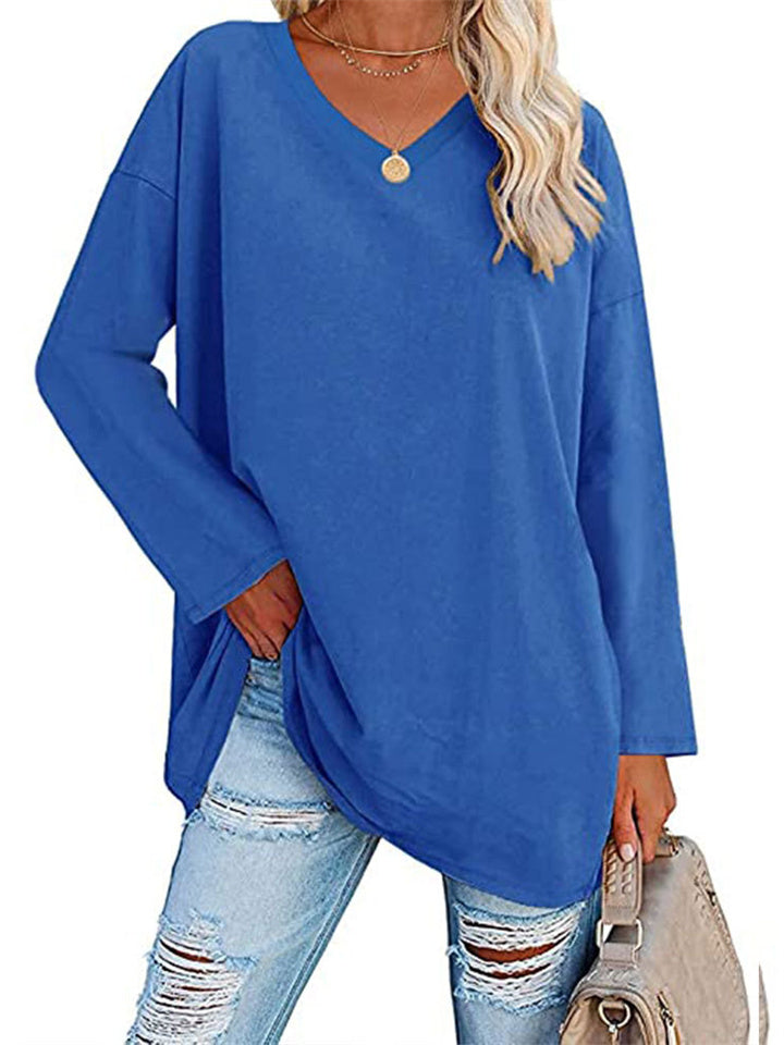 Ladies T-shirt New Multi-color Loose Drop Shoulder Sleeve V-neck Solid Color Women's Tops
