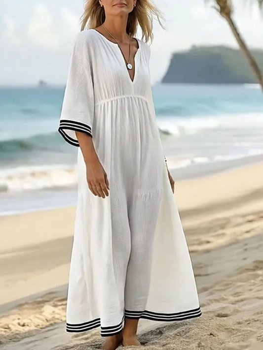 Women's Holiday Stripe Print V-Neck Cotton and Linen Dress