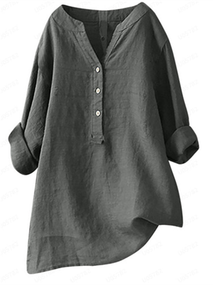Summer Women's Cotton Linen Loose Solid Color Blouse Cotton Linen Long Sleeve Tops Pocket S-5XL