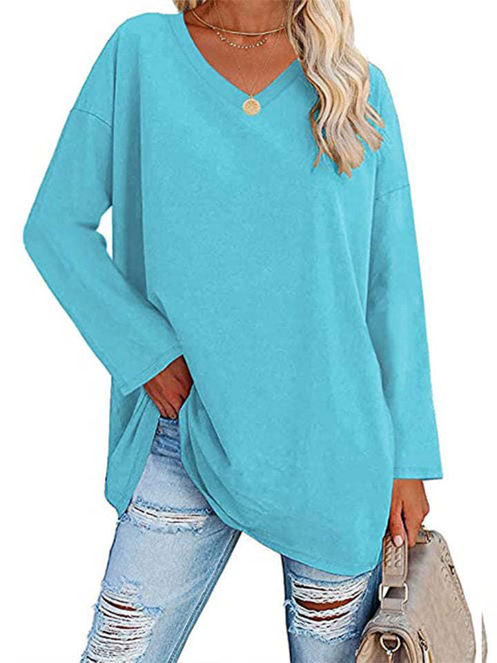 Ladies T-shirt New Multi-color Loose Drop Shoulder Sleeve V-neck Solid Color Women's Tops