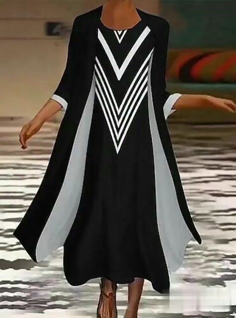 Women's Casual Round Neck Vest Contrast Color Printed Dress and Cardigan Set