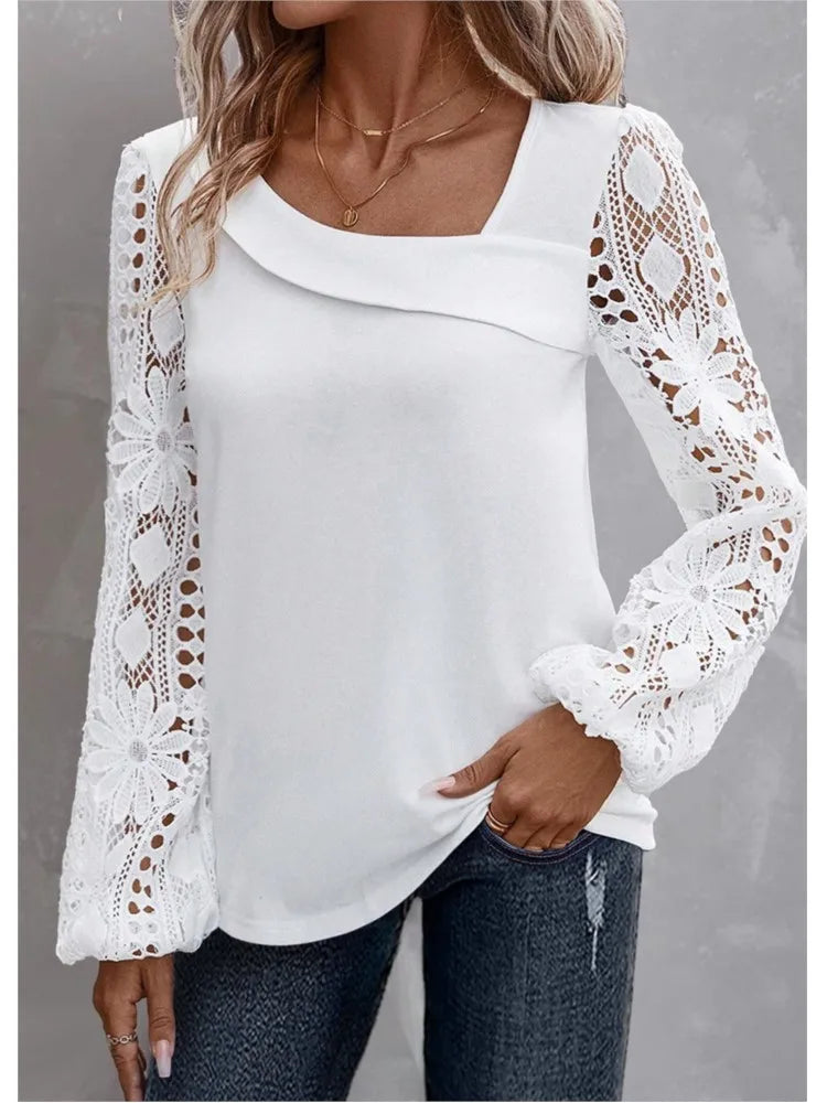 Solid Fashion Blouse Elegant Hollow Lace Blouse
