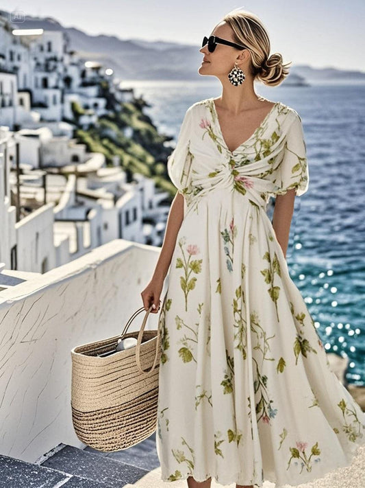 Women's Loose V-Neck Short Sleeve Floral Print Dress