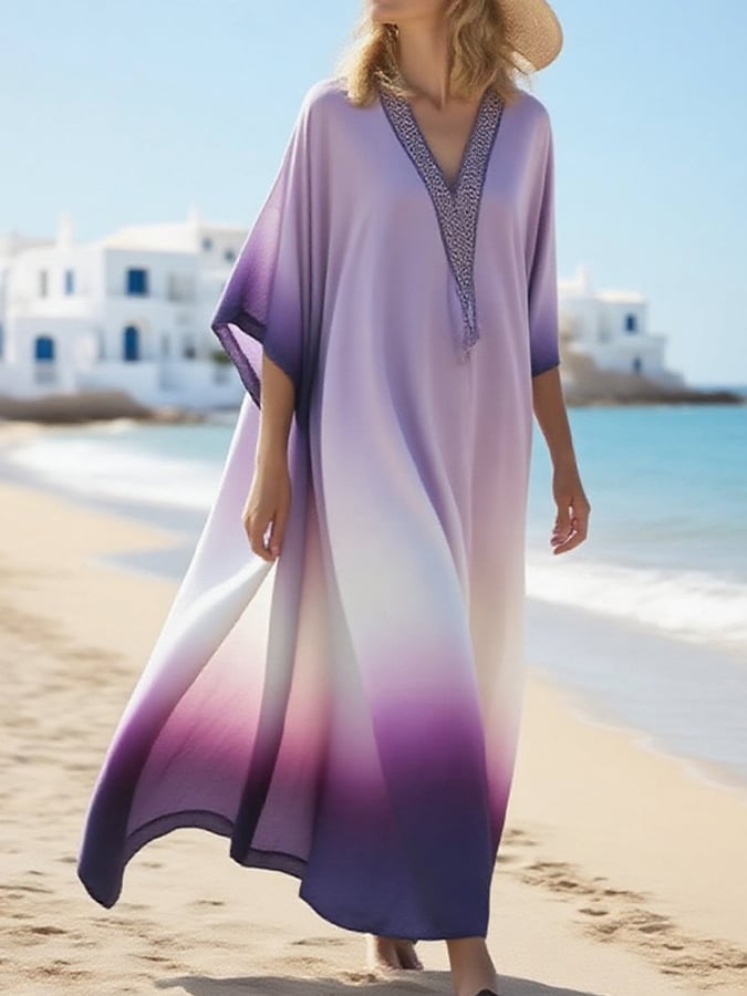 Women's Casual V-Neck Gradient Pattern Loose Dress