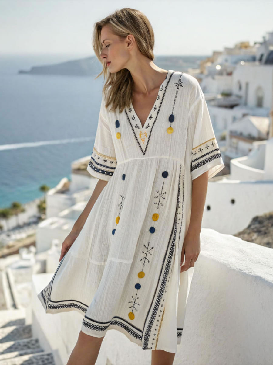 Ladies' V-neck Print with Loose and Casual Stitching Dress