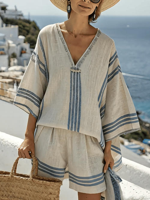 Women Summer Loose Striped Holiday Shorts Set