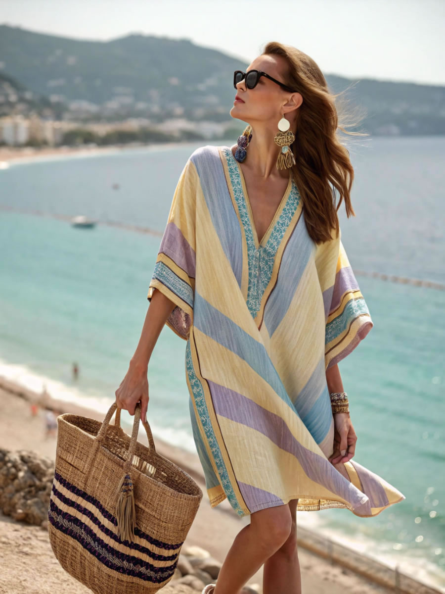 Ladies' V-neck Striped Loose Casual Dress