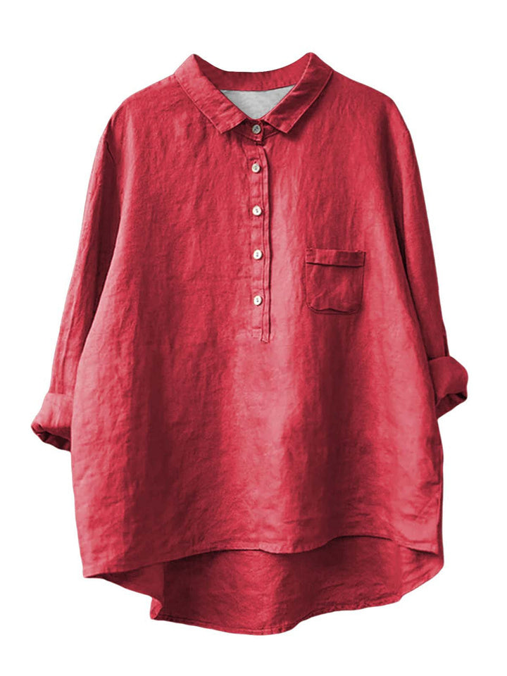 Women's New Long-sleeved Chinese Style Bamboo Hemp Printing Fashionable Versatile Lapel Solid Color Shirt