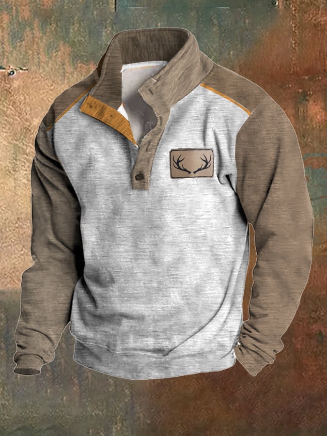 Men's Fleece Vintage Western Antler Hunting Enthusiast Stand Collar Sweatshirt