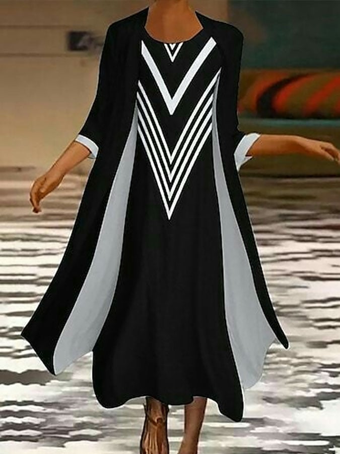 Women's Casual Round Neck Vest Contrast Color Printed Dress and Cardigan Set