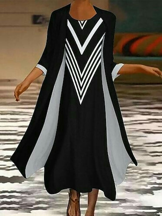 Women's Casual Round Neck Vest Contrast Color Printed Dress and Cardigan Set