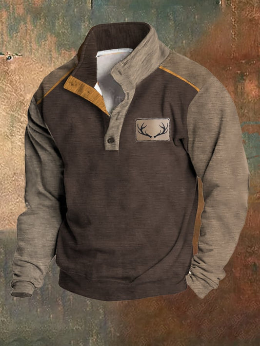 Men's Fleece Vintage Western Antler Hunting Enthusiast Stand Collar Sweatshirt