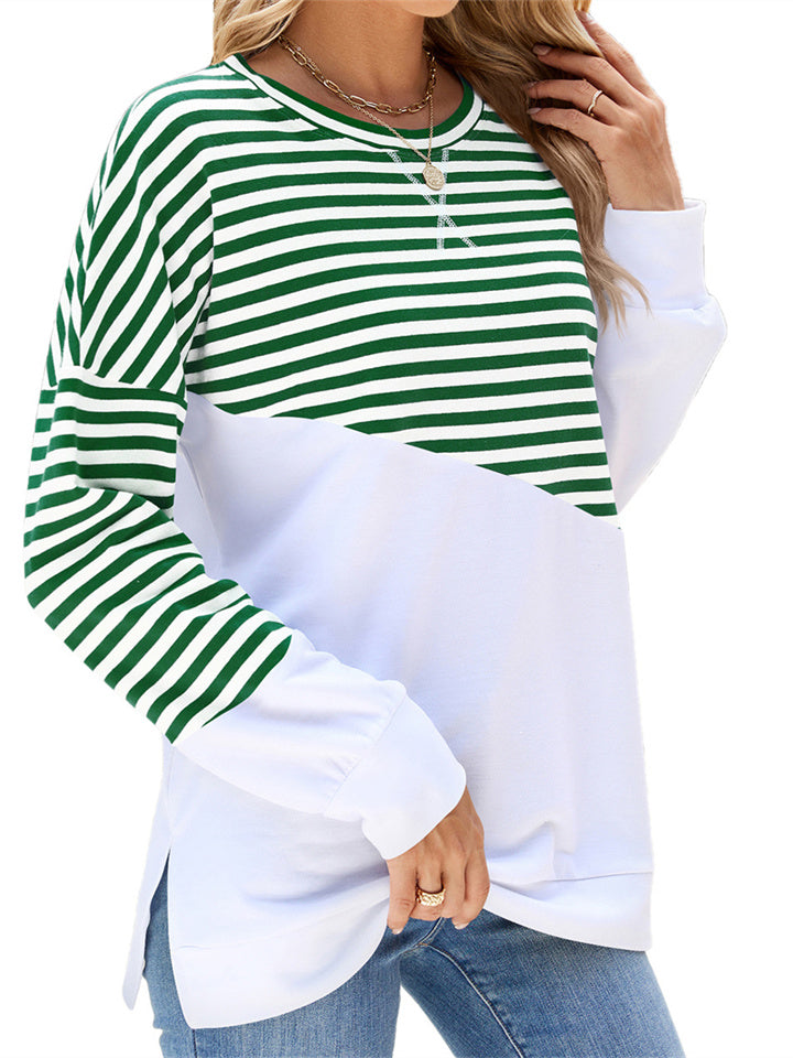 Women's New Fall and Winter Solid Color Round Neck Hit Color Striped Long-sleeved Sweater T-shirt