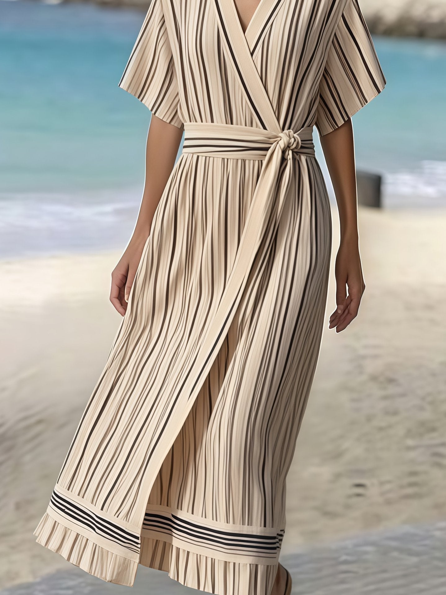 Women's Summer Cotton&Linen Striped Cross Collar Dress