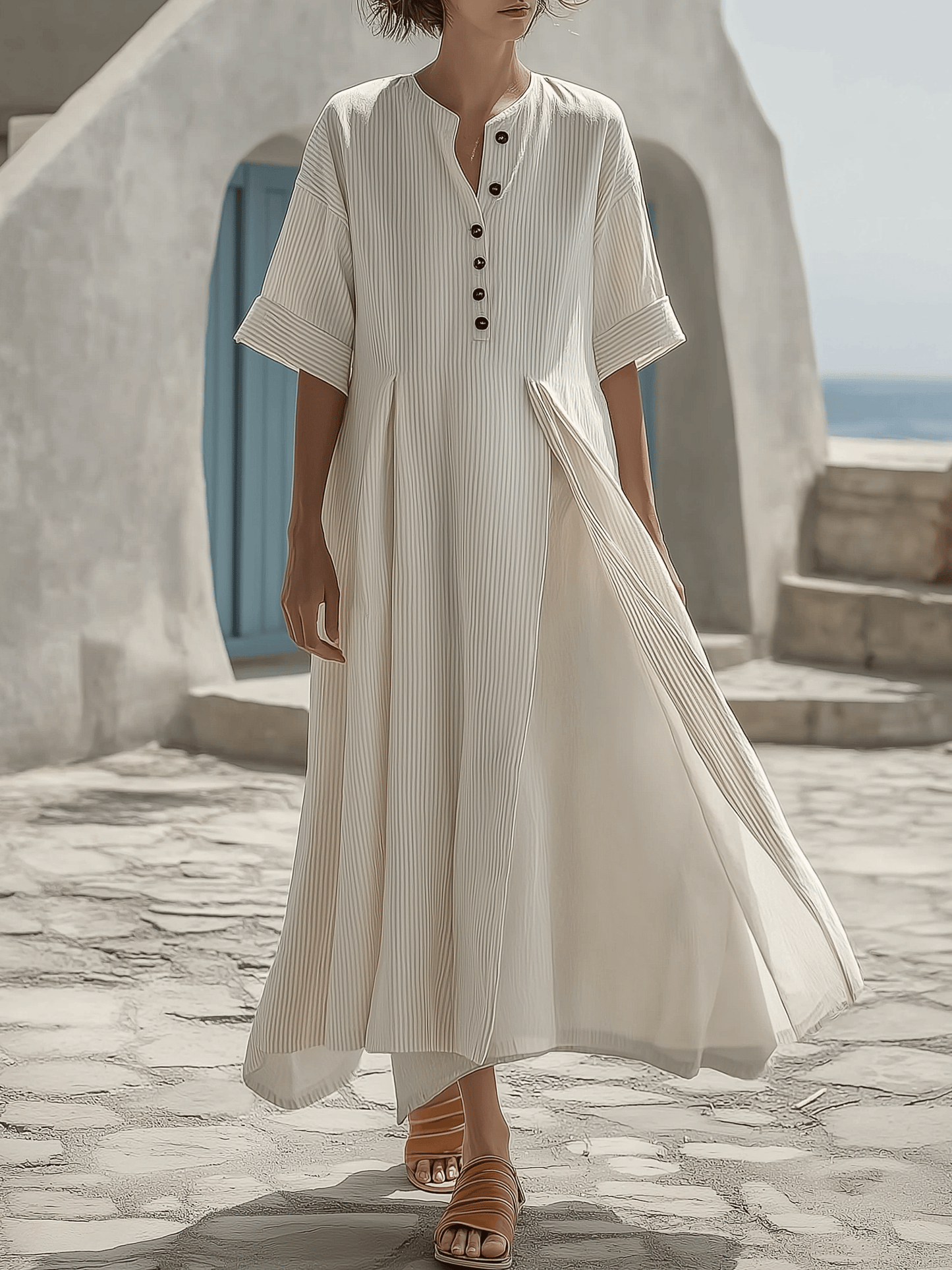 Women's Summer Round Neck Striped Pleated Dress