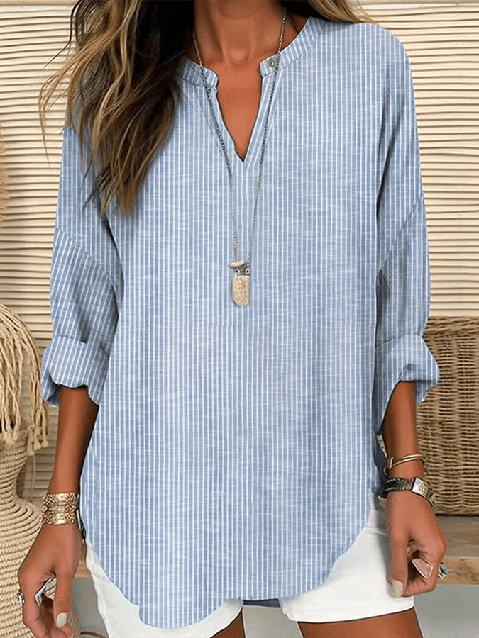 Women's Long Sleeve v-Neck Solid Color Loose Striped Shirt