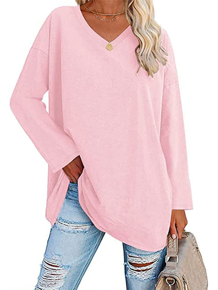 Ladies T-shirt New Multi-color Loose Drop Shoulder Sleeve V-neck Solid Color Women's Tops