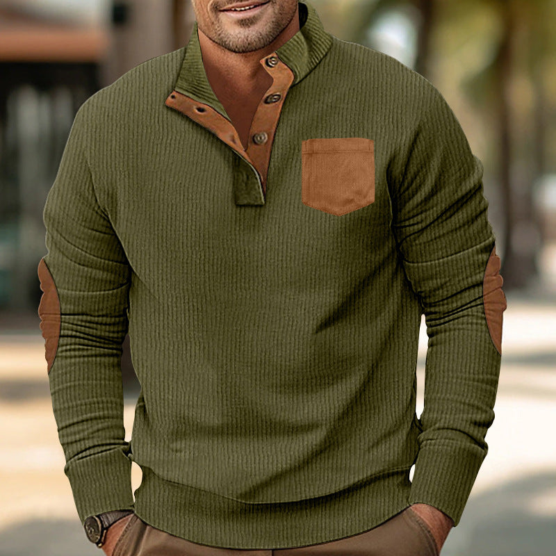 Men's pocket stand collar long sleeve corduroy colorblock sweatshirt
