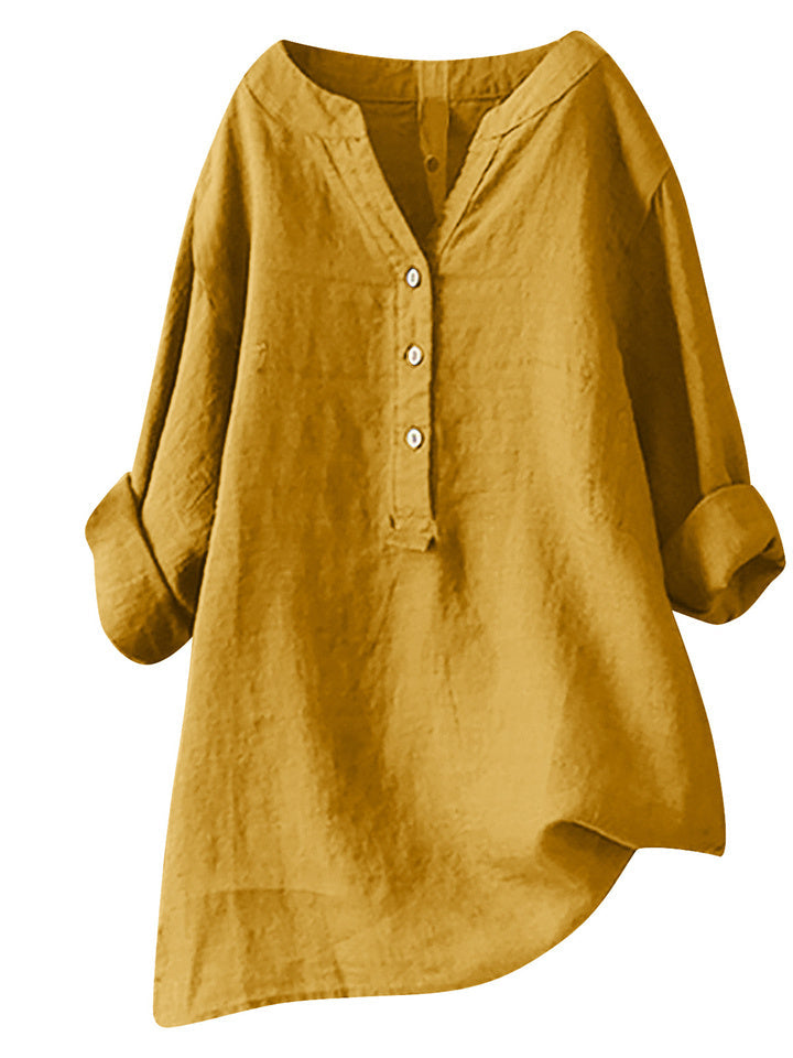 Summer Women's Cotton Linen Loose Solid Color Blouse Cotton Linen Long Sleeve Tops Pocket S-5XL