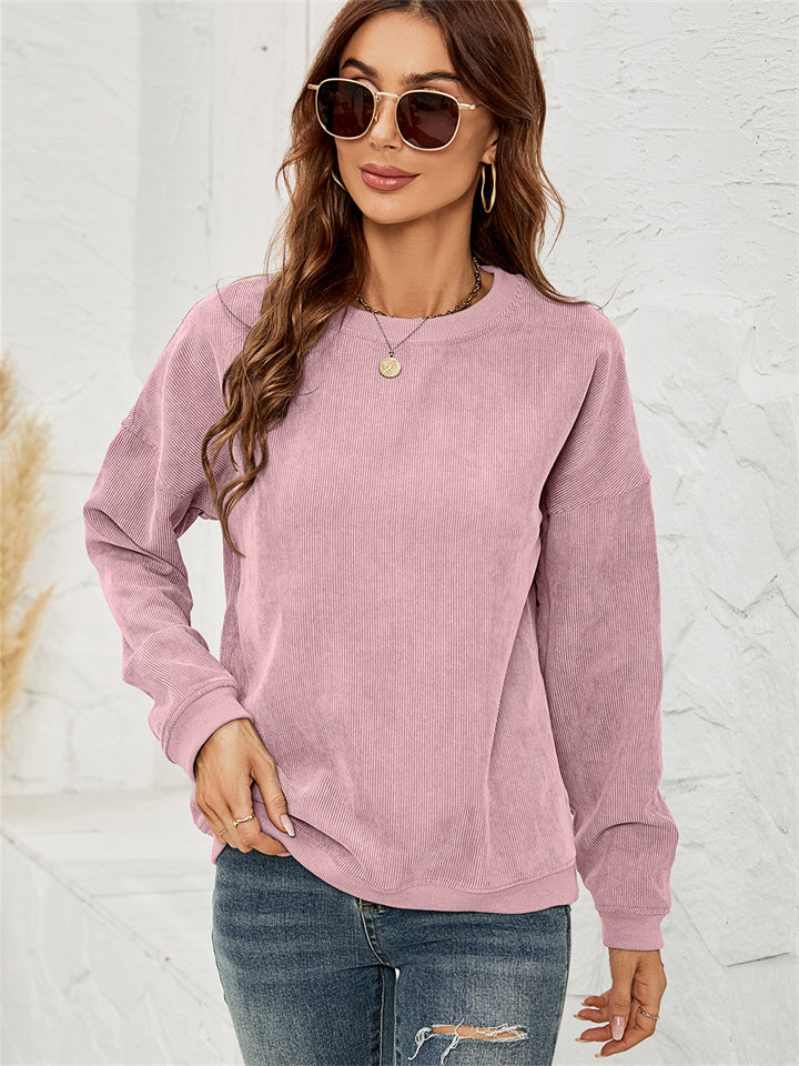 Women's Corduroy Sweater Round Neck Long-sleeved Tops Fall and Winter