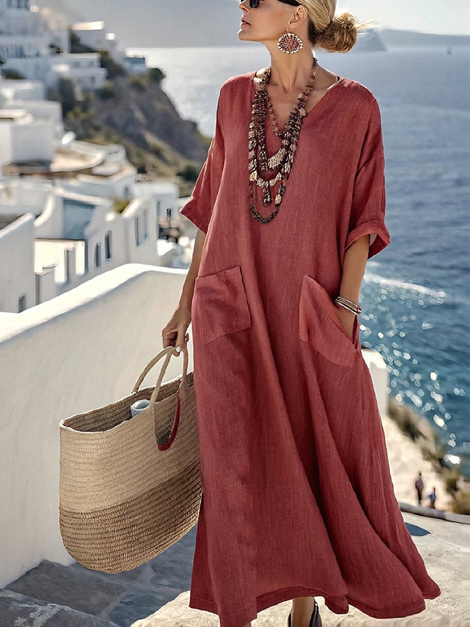 Ladies Loose Solid Pocket Dress