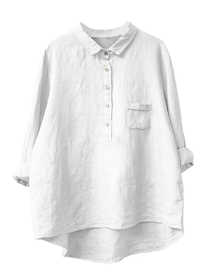 Women's New Long-sleeved Chinese Style Bamboo Hemp Printing Fashionable Versatile Lapel Solid Color Shirt