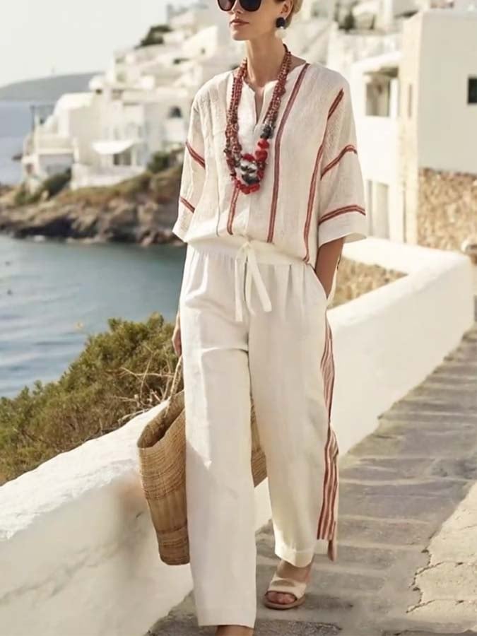 Women'S Loose Striped Printed Wide Leg Pants Set