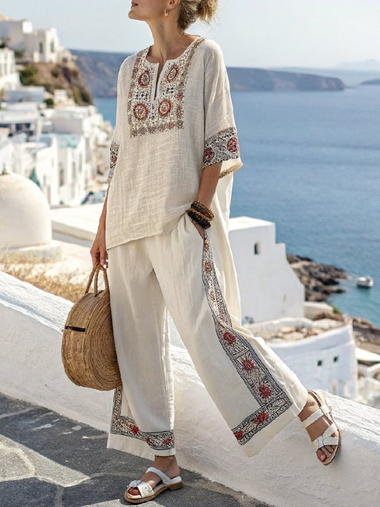 Women Summer Loose Casual Printed Elastic Waist Pants Set