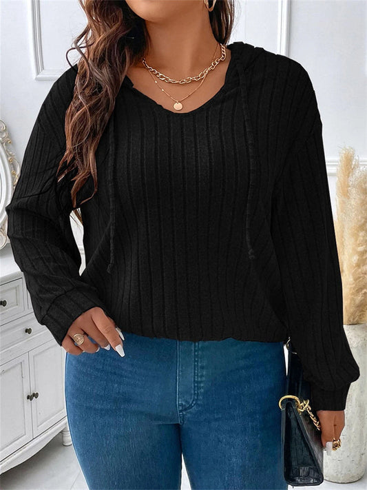 Autumn and Winter New Solid Color Women's Tops V-neck Hooded Long-sleeved T-shirt