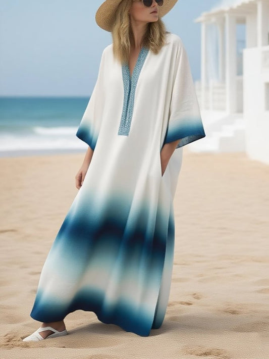 Women's Casual V-Neck Gradient Pattern Loose Dress