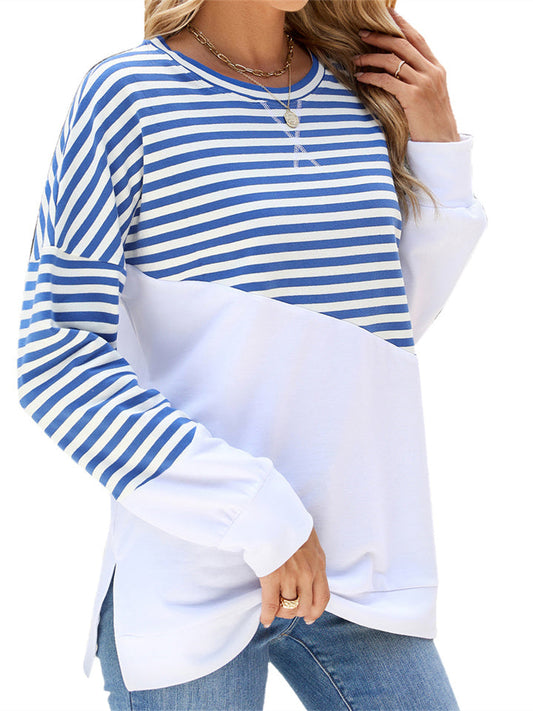 Women's New Fall and Winter Solid Color Round Neck Hit Color Striped Long-sleeved Sweater T-shirt