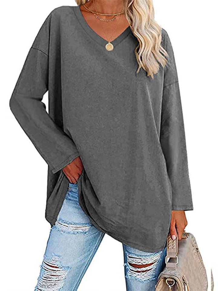 Ladies T-shirt New Multi-color Loose Drop Shoulder Sleeve V-neck Solid Color Women's Tops