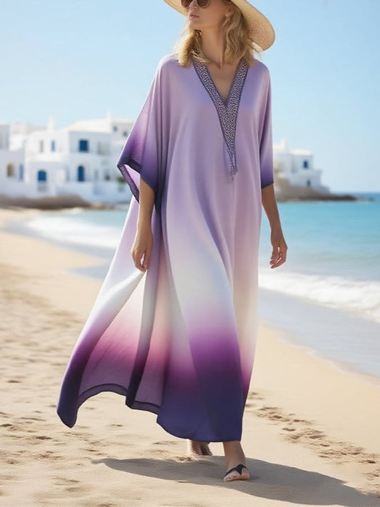 Women's Casual V-Neck Gradient Pattern Loose Dress