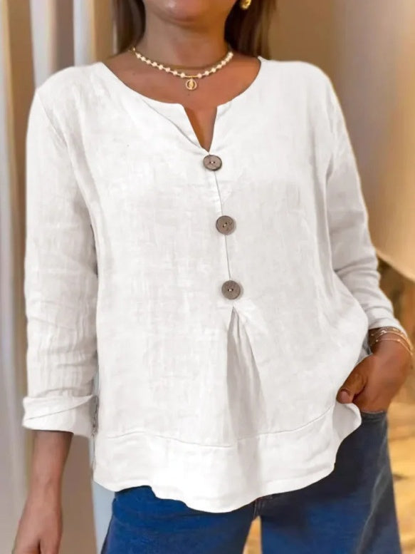 Women's Long Sleeve V-Neck Solid Color Notch Collar Shirt Casual Button-Down Shirt Top
