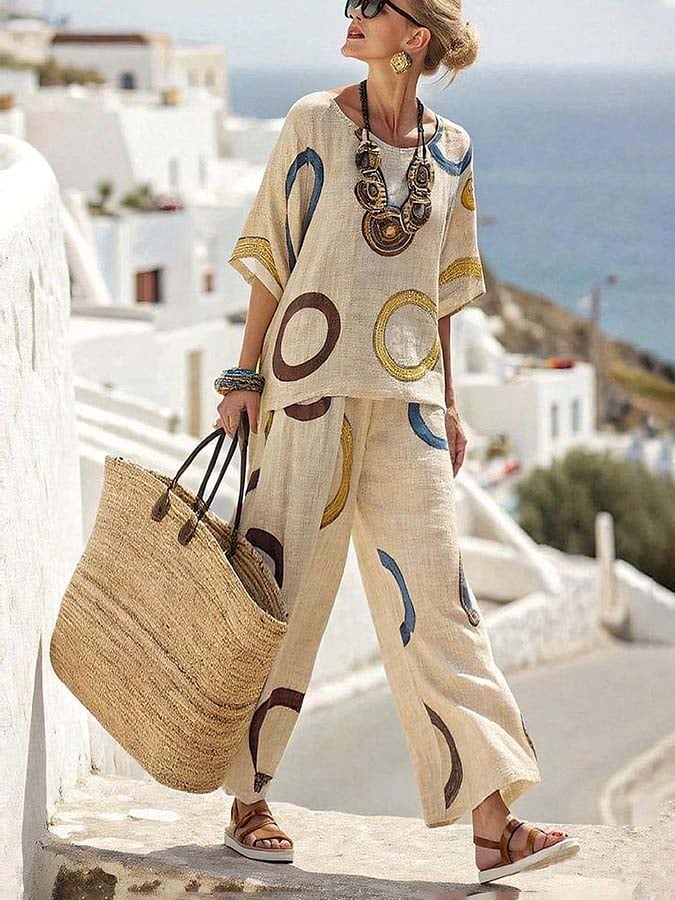 Women'S Loose Printed Wide Leg Pants Set